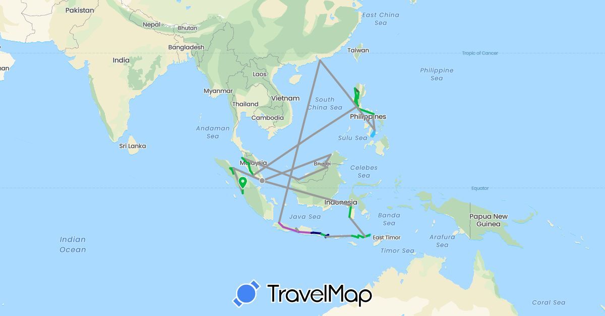 TravelMap itinerary: driving, bus, plane, train, boat, motorbike in China, Indonesia, Malaysia, Philippines, Singapore (Asia)